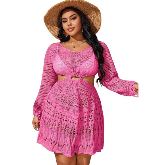 Barbie Pink Knit Swim Cover Up Dress Beachy Beachwear Pool Resort Festival Boho - Picture 1 of 3